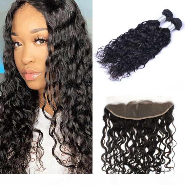 

13x4 lace frontal closure with bundles brazilian human hair weaves water wave 2 bundles with frontal, Black;brown