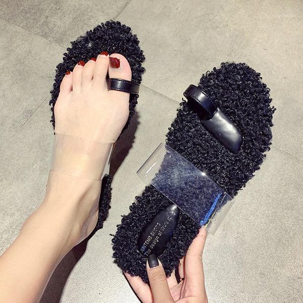 

size 35-51 nice summer women slippers flat heels full of fur insole shoes woman non slip simple flip flops for female1, Black