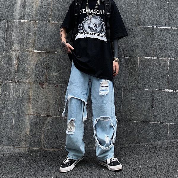

women's jeans hole denim pant harajuku high waist baggy loose straight solid streetwear hip hop woman plus punk clothing street, Blue
