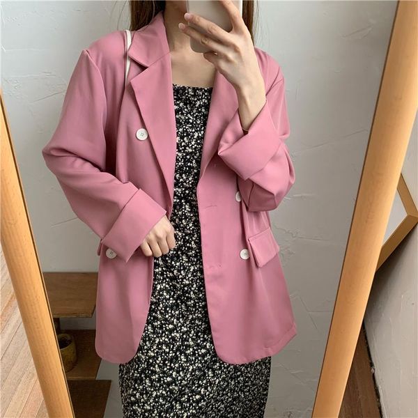 

women's blazer v-neck double-breasted solid color female loose casual outer wear pink black suit jacket 2021 new spring, White;black