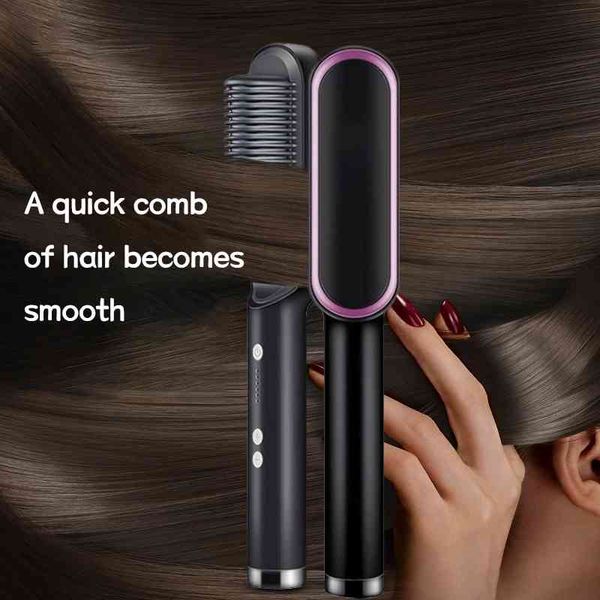

2 in 1 brush ceramic electric straightener curler comb professional ionic anti-scald hair styler curling straighteners, Black