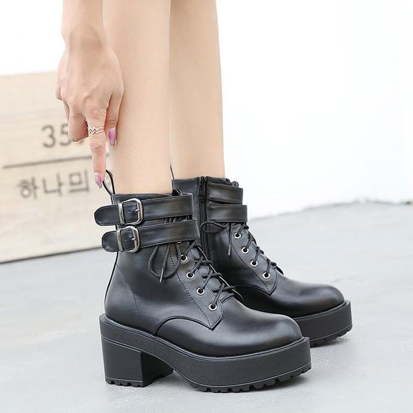

boots punk gothic fashion buckle ankle strap for women lace up chunky high heels zipper shoes on platform ymb320, Black