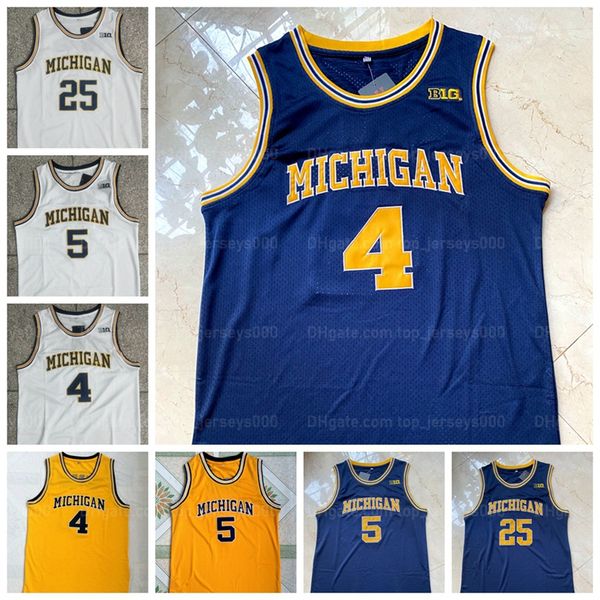 Michigan Chris Webber 4 College-Basketball-Trikot, Jalen Rose 5, Juwan Howard 25, Trikots, Herren, komplett genäht, Marineblau, Gelb, Weiß, Größe S-2XL, Top-Qualität