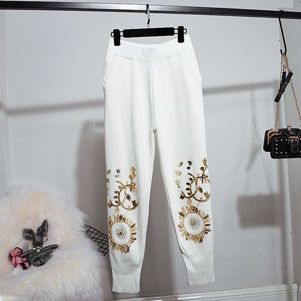 

autumn women set embroidery sweater knitted pencil pants two piece outfits female casual white pullover knit trousers 2pc tfvw, Blue