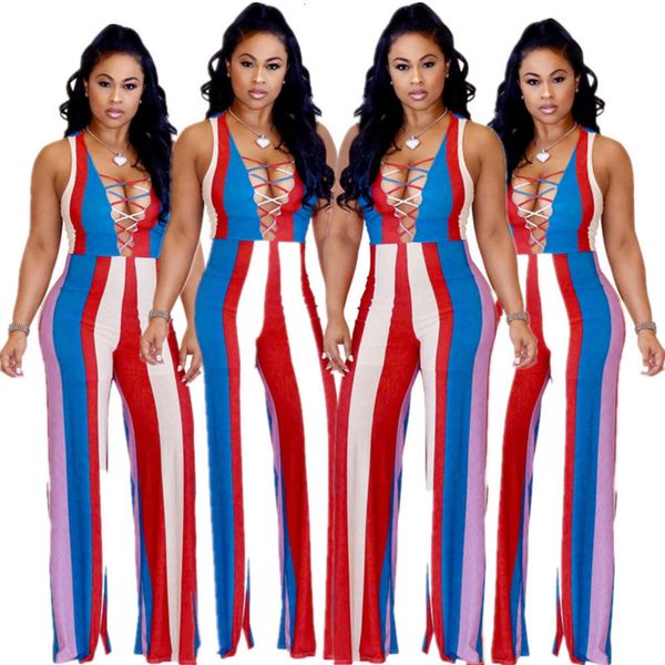 

c602 deep v corns bandage color striped jumpsuit for women, Black;white