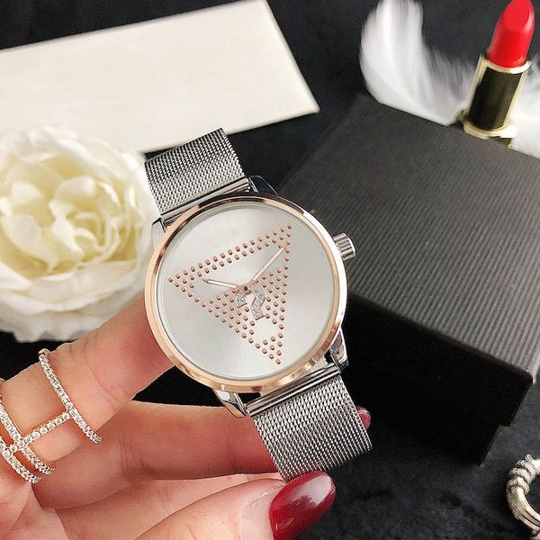 Orologio da polso al quarzo con cinturino in metallo stile punto interrogativo triangolo di cristallo da donna Fashion Brand GS38