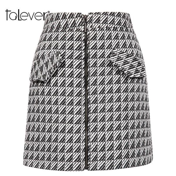 

skirts women autumn warm tweed wool plaid skirt female elegant zipper high waist wrap mini woolen party talever, Black