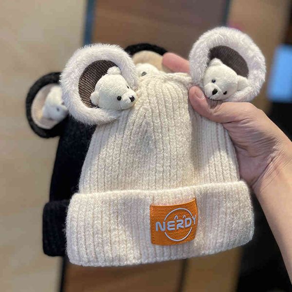 

cartoon little bear wool hat female autumn and winter sweet lovely knitted versatile warm pullover, Blue;gray