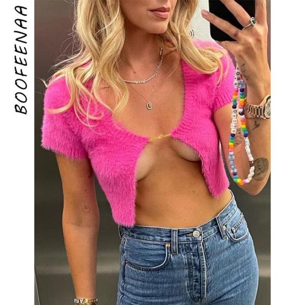 

women's sweaters boofeenaa y2k clothes fluffy knitted v neck short sleeve sweater women gold metal single button cute crop c88-cd3, White;black
