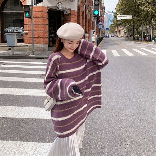 

women striped knitting pullovers korean fashion long sleeve o neck jumper autumn winter casual loose warm sweater, White;black