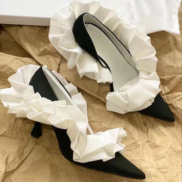 

dress shoes 2021 spring women's pumps side hollow out shallow mouth single pointed pleated thin heels office lady shoe summer sandals, Black