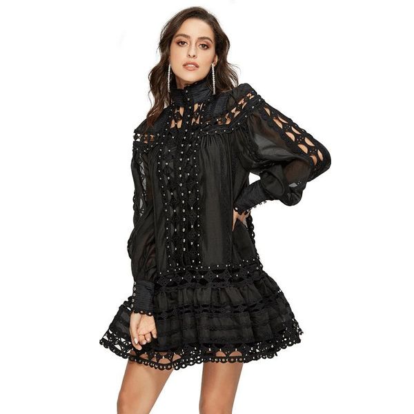 

casual dresses xuxi women high neck lace dress, lantern sleeve full length, spring autumn 2021 e219, Black;gray