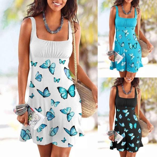 

casual dresses 2021 summer women chic dress sleeveless waist tight butterfly print backless low cut, Black;gray