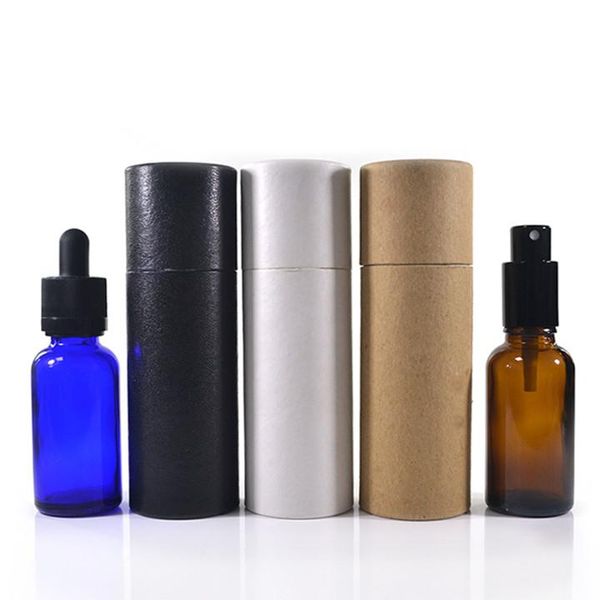 2021 30ml 50ml 100ml Cilindro nero opaco Olio cosmetico Flacone contagocce per olio di profumo con coperchio Alu Gold Tubo di scatola di cartone di carta nera personalizzata