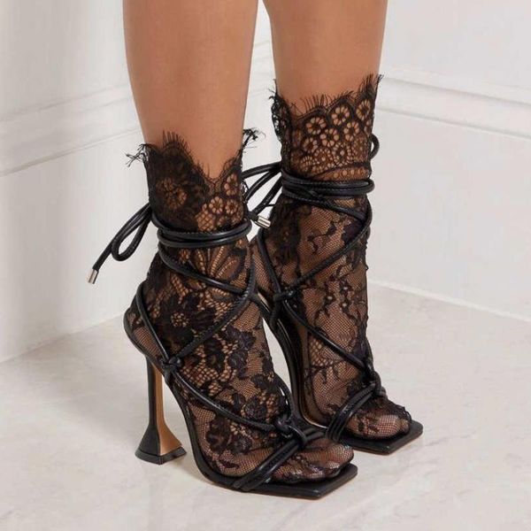 

sandals summer fashion ankle strap cross women lace-up square toe high heels party shoes zapatos de mujer, Black