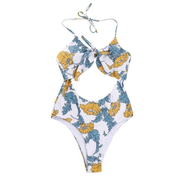 

women one piece bikini halter v-neck boho floral printed monokini hollow out tie knot front backless swimsuit ruffles