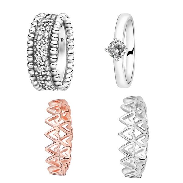 

cluster rings 2021 authentic 925 sterling silver and hearts clear heart solitaire beaded pavÃ© band engagement jewelry, Golden;silver