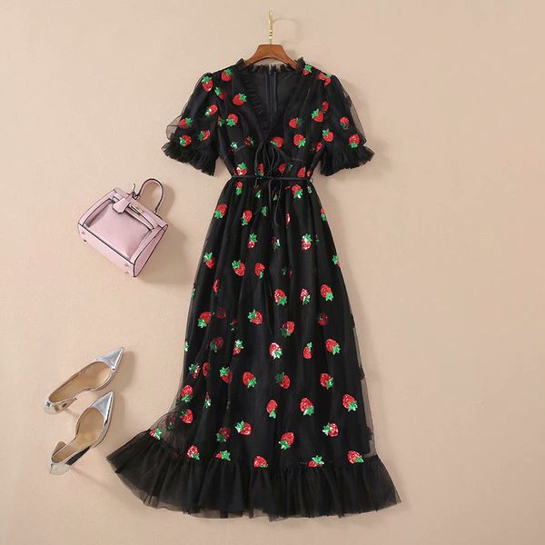 

runway black strawberry dress women short sleeve v neck lace up bow ruffles mesh tulles long dress, Black;gray
