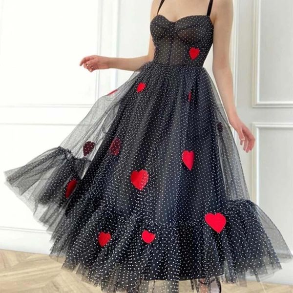 

casual dresses 2021 summer for women runway designer spaghetti strap shoulder dress red heart mesh, Black;gray