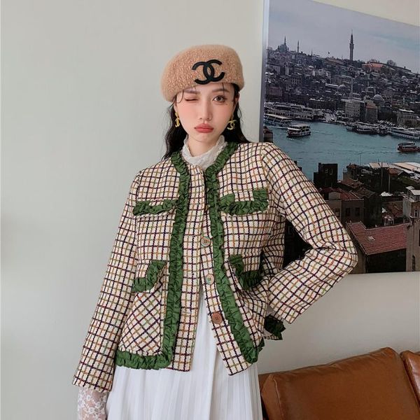 

women's jackets vintage french style plaid splice ruffles o-neck short jacket outerwear spring autumn female elegant chic loose casual, Black;brown