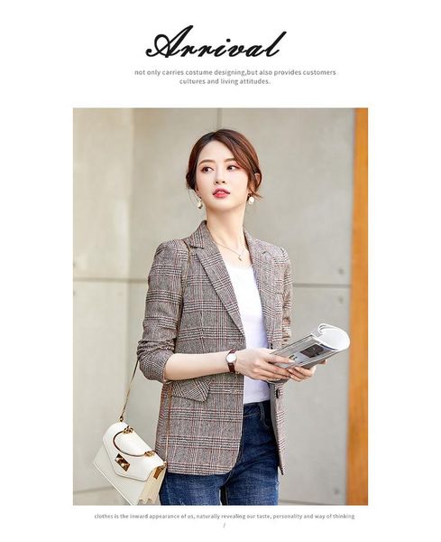 

2021 winter spring slim all-match women's blazer plaid double-breasted pocket formal jacket checkered jacket top, White;black