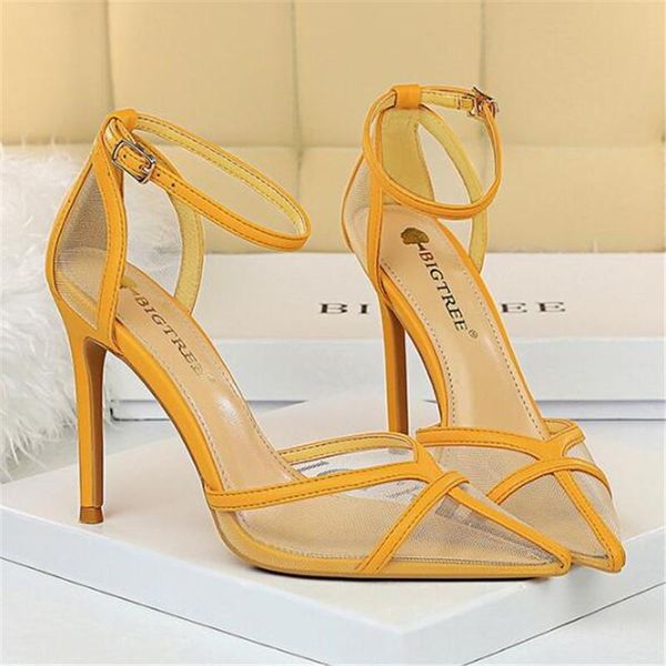 

dress shoes fashion 2021 summer women's pointed toe sandals breathable mesh 10cm thin high heels mature ankle wrap stilettos, Black