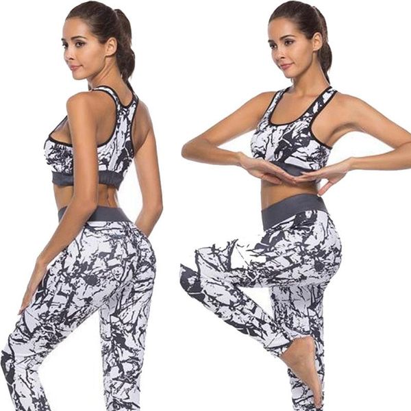

2pcs training fitness sportswear women printed jogging suit running t-shirt bras+pants yoga tracksuits, Black;blue