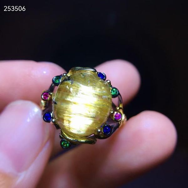 

cluster rings natural gold rutilated quartz round adjustable ring rare 925 silver 12/11.2mm sphere ball beads genuine, Golden;silver