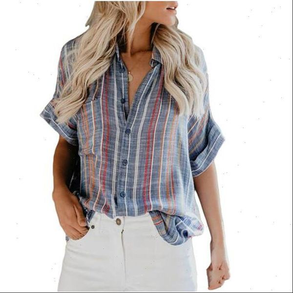 

women polo shirt summer short sleeve cardigan button printed striped pocket blouse loose plus size retro fashion blouse, White