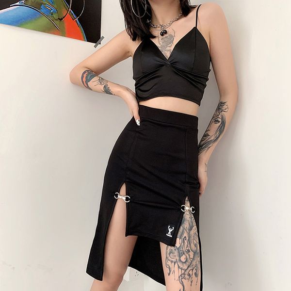 

streetwear punk black skirt y2k goth bodycon high slit skirts women harajuku metal patchwork high waist skirts