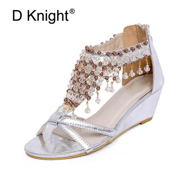 

dress shoes string beaded wedge heel sandals women summer silver gold for girls fashion vacation high beach sandal, Black