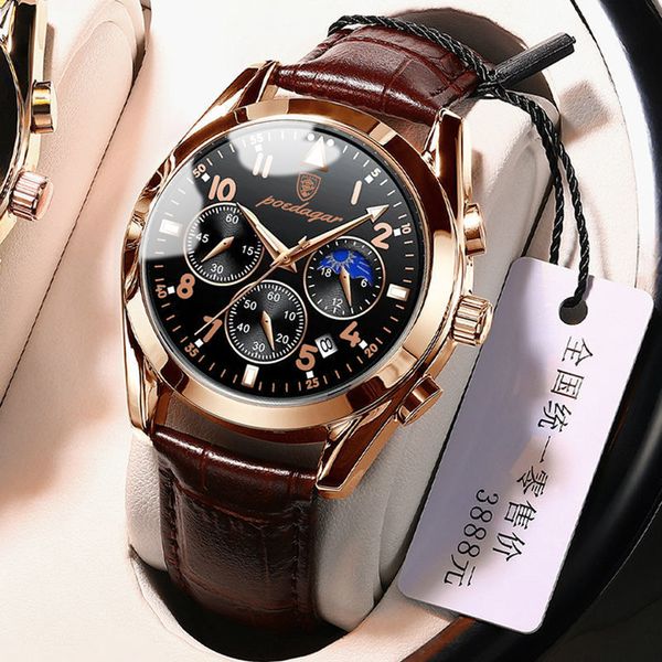 

poedagar men watches 2021 new fashion leather waterproof luminous brand luxury mens quartz wristwatch relogio masculinog, Slivery;brown