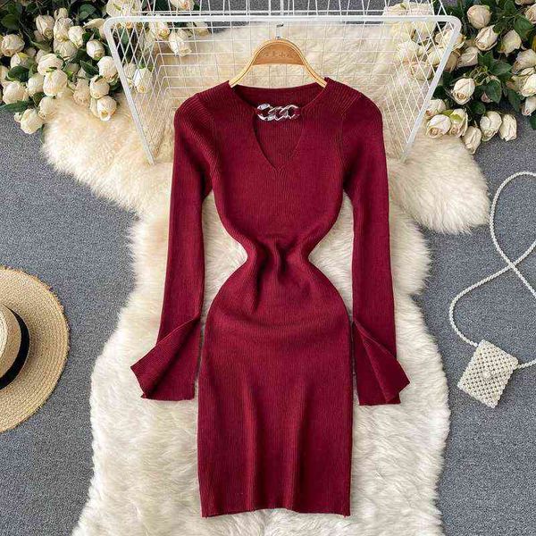 

women elegant hollow v-neck long-sleeved knitted dress spring and autumn new slim bottom bag hip dresses for women vestidos y1204, Black;gray