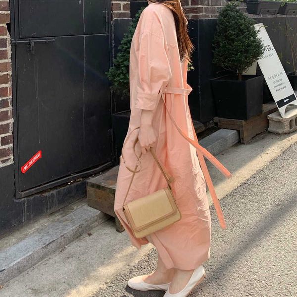 Abiti Donna Chic Coreano Delicato Allentato Rosa O Collo Soffio Manica Lunga Vita Fasciatura Camicie Abito Maxi Vestido De Mujer Moda 210610