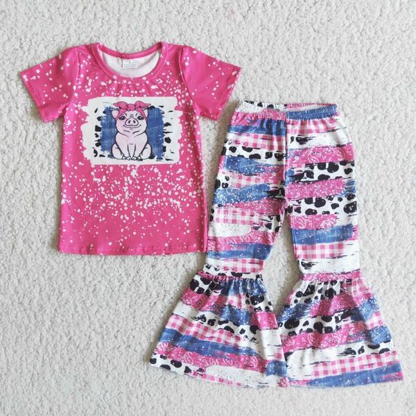 

clothing sets rts style pig two pcs suits pink shirt bell bottom pants baby kids boutique wholesale fall girls children wear, White