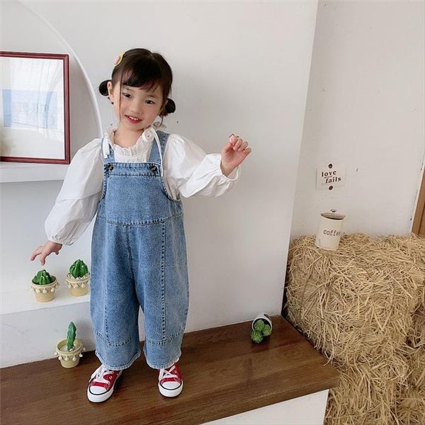 

korean style spring kids children oversized wide leg denim overalls baby clothes boys girls loose all match casual pants, Blue