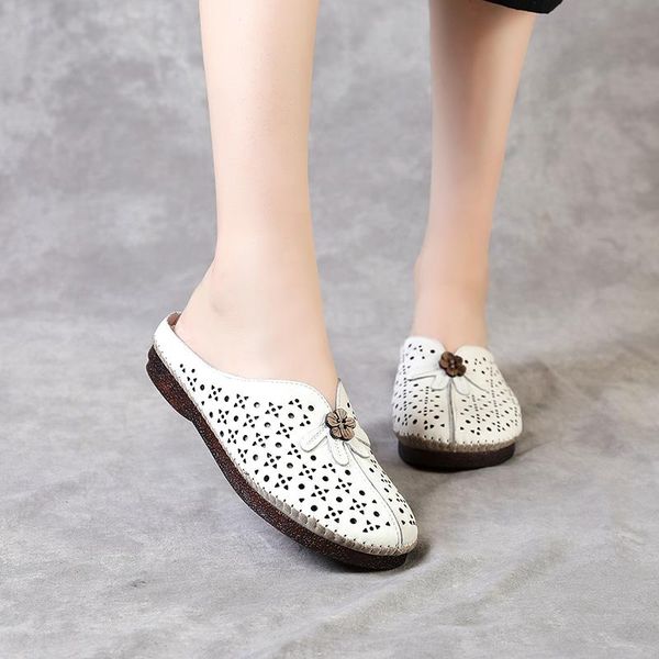 

sandals female genuine leather flat shoes woman slippers closed toe women summer ladies cut-out handmade flower slides, Black