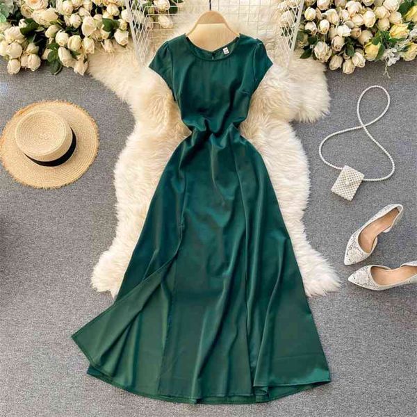 

women fashion retro round neck short sleeve slim feminine casual a-line dress solid color korean clothes vestidso r572 210527, Black;gray