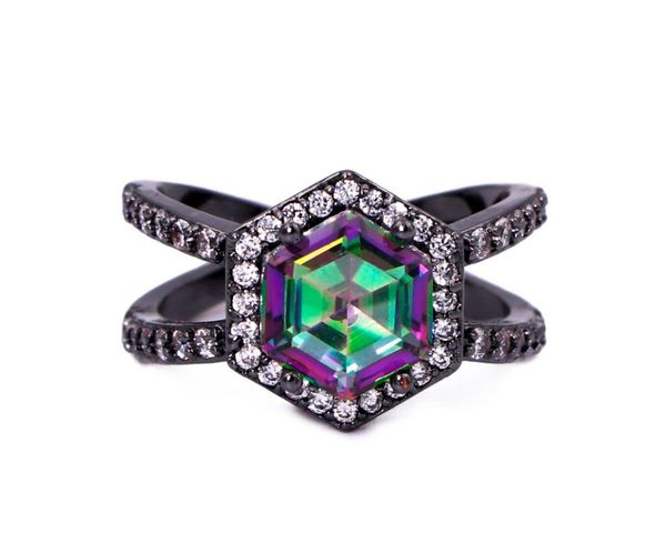 

wedding rings special design black rhodium plated with mystic rainbow stone, Slivery;golden