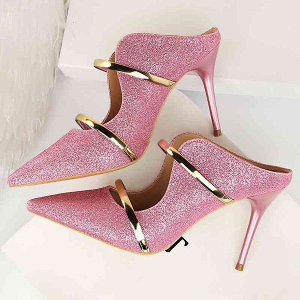 

dress shoes women summer 9cm high heels glitter sandals lady bling mules slingback silver pumps female gold pink bridal quality kk, Black