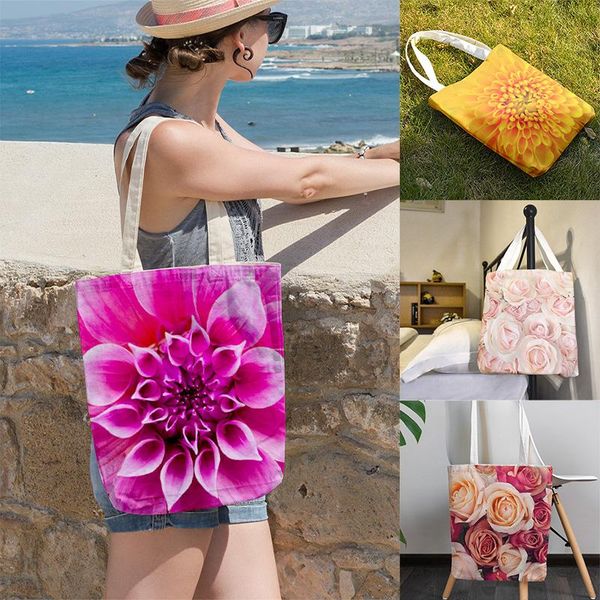 

storage bags rose flower shoulder bag ladies sundries red floral canvas fabric female tote handbag book pouch girls