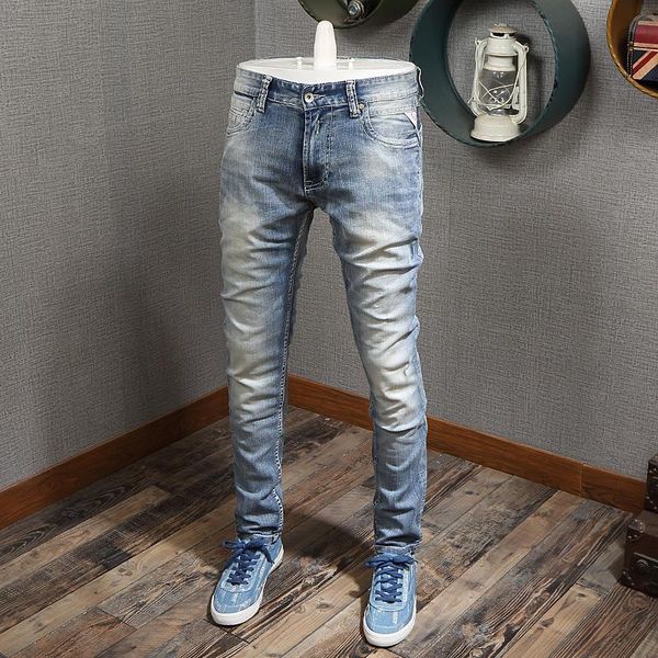 

men's jeans european vintage fashion men retro light blue slim fit simple designer casual cotton denim pants