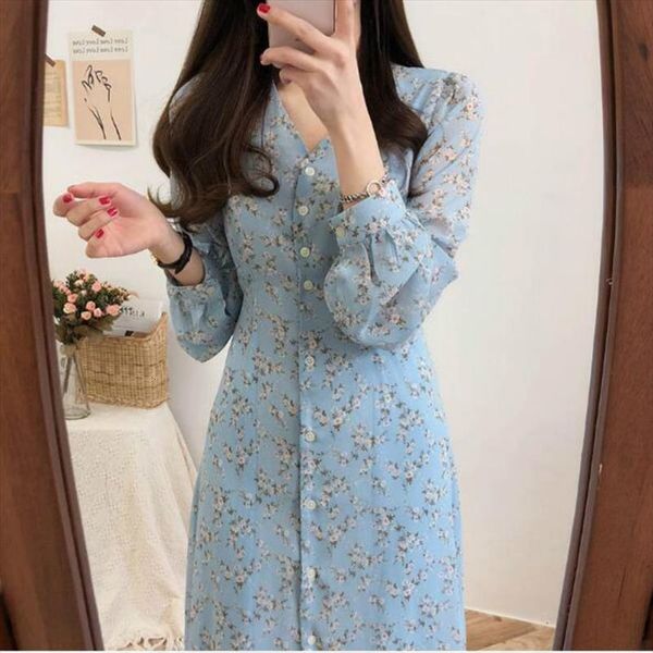 

elegant v neck full sleeve womens dress floral print sweet chiffon single breasted casual fashion vestido, Black;gray