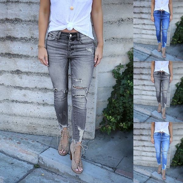 

women fashion low rise stretchy denim ripped female ny broek laies clothing 2021 case new collection, Blue