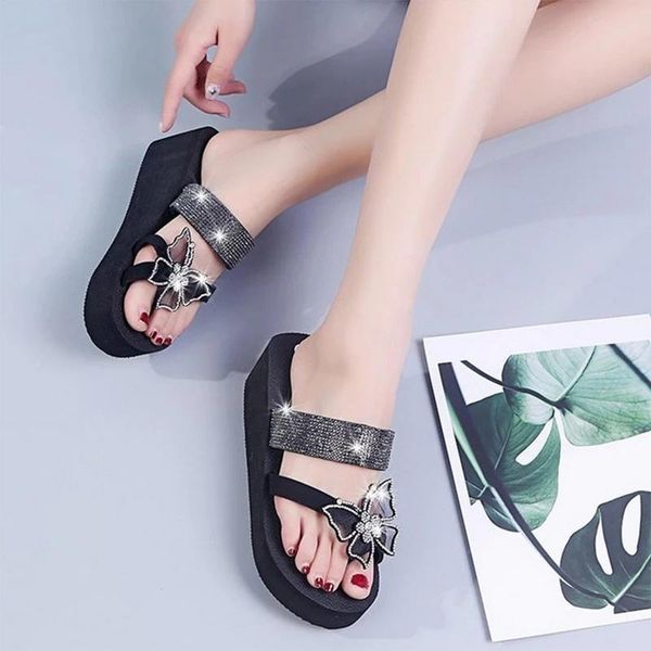 

slippers 2021 women's sandals summer women rhinestone butterfly shoes open toe ladies fashion comfortable elegant platform, Black