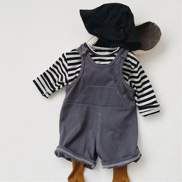 

2021 autumn kids baby boys girls suit baby long sleeve stripe t-shirt + overalls children's set spring boys girls clothing, White