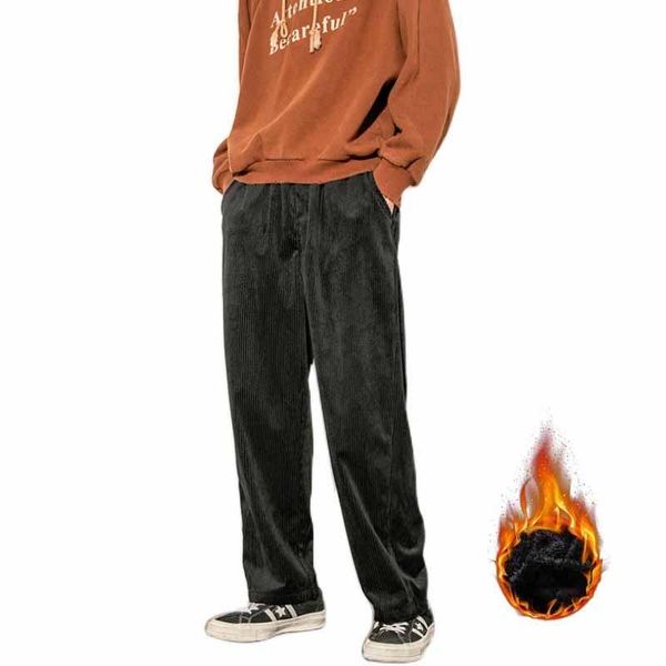 

men's pants winter loose plus size straight casual thick corduroy wide trousers tide., Black