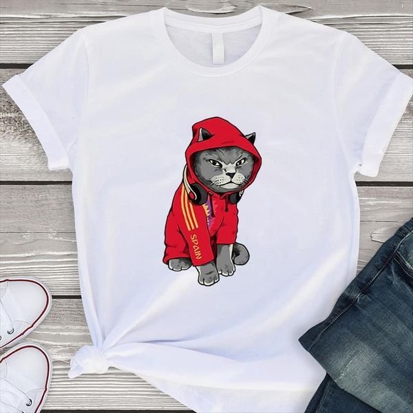 

personality cool cat cosplay printing women t shirt loose round neck plus size, White