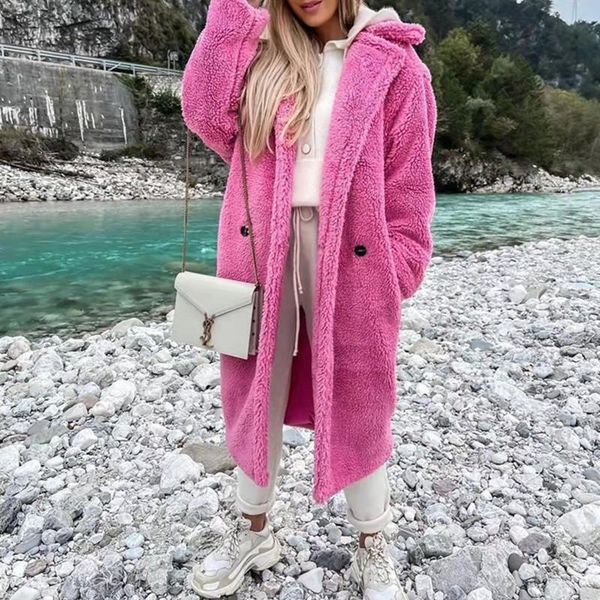 

women's wool & blends autumn winter long overcoat fashion sleeve pockets cardigan elegant single-breasted thick women solid outerwear, Black