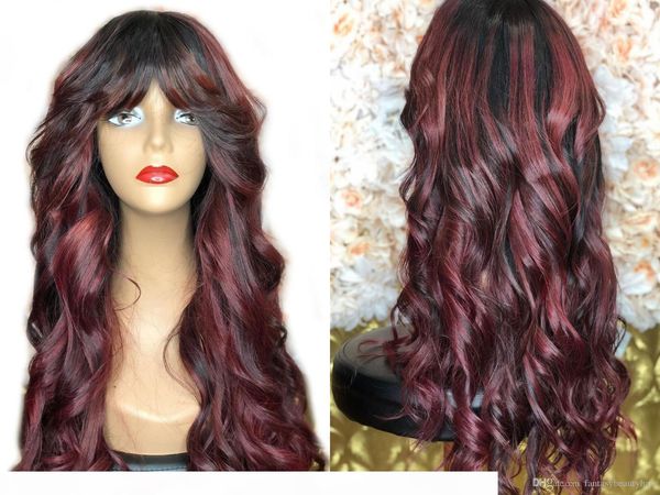 

body wave 99j burgundy ombre red 13x6 lace front human hair wigs with bangs preplcuked brazilian remy fringe wigs full lace wig, Black